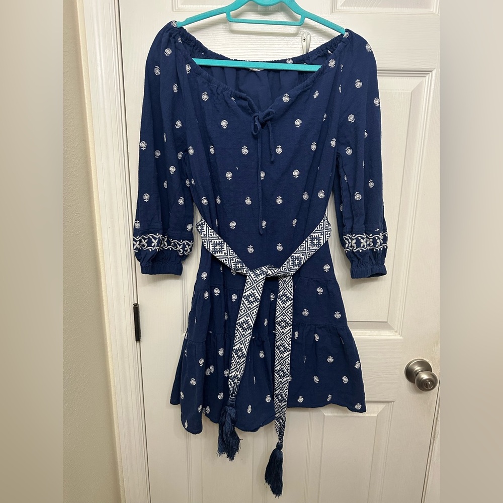 Boho 100% cotton belted navy embroidered dress by a loves a , size medium
